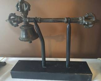 20th Century India Indian Bronze Buddhist Three Vajra Bell & Stand