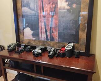 Sofa table, picture and cameras