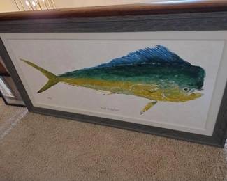 Bull Dolphin by Jim Roberts with driftwood frame and fabric matting.