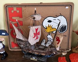 Vintage Santa Maria Model Ship, Snoopy Pin-Board