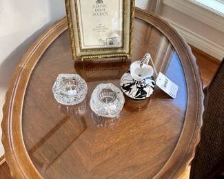 Kutahia Athens Handled Urn, Oval Accent End Table, Kosta Boda Style Crystal Glass Snowball Votive Candle Holders