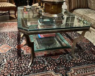 2-tier coffee table - metal and glass (56" x 38" x 25") - 100% wool hand-made/hand-tied fringe area rug (10' x 15'.5")