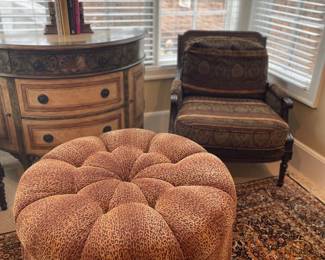 Demi-lune 3-drawer chest with side cabinets (Armchair by Lake Hickory (2 available); round ottoman