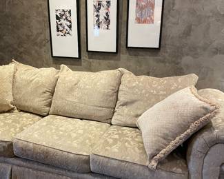 3-cushion couch with down pillows and 3-framed lithograph triptych