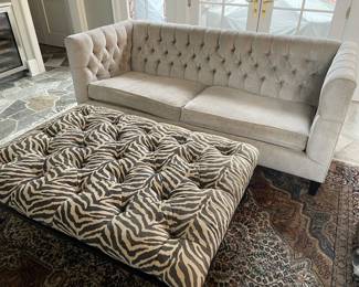 Devonshire grey velvet sofa by Bernhardt;  Ottoman with nailhead trim