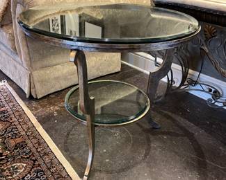 2-tier metal burnished pewter side table with glass top and lower tier