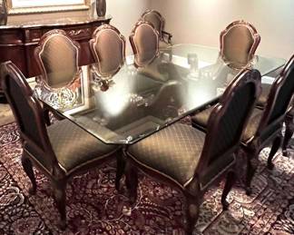 Double-pedestal glass-topped dining table (98" x 54") with 10 dining chairs - (8 side chairs and 2 armchairs) 