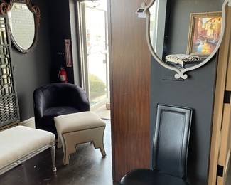mirrors, leather desk or vanity chair, velvet club chair and benches and ottomans