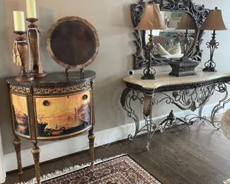 demilune, metal and stone console table, mirror, lamps and decor