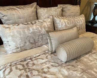 King bed linens (duvet cover, silk coverlet, 2 euro shams, 2 king shams, square pillow, lumbar beaded pillow, and neck roll pillow) 