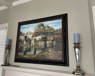 Black framed with bronze details acrylic by Duva; mirrored pillar candle holders