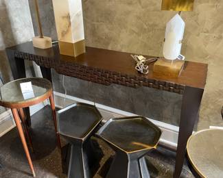 Wood console table and lamps