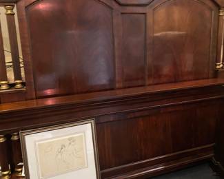 Drexel Heritage King bed  - tall headboard and low footboard; also shown - framed print