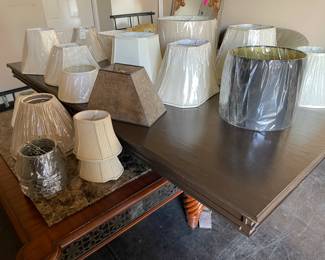 Drexel heritage coffee table with fossil stone top and lamp shades