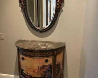 Demi-lune table with stone top and mirror 