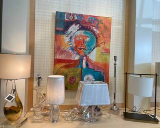 Large acrylic on canvas, glass, acrylic, and bronze lamps