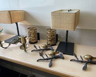 bronze and linen lamps, gold-burnished sconces, bronze and brass birds - finials for curtain rods or can be hooks for laundry rooms