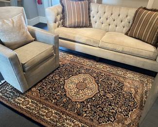 100% wool area hand-made rug, velvet 2-cushion couch, and pair of swivel Ethan Allen chairs with pillows