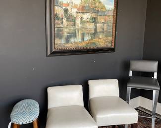 Leather counter and bar height stools and framed print