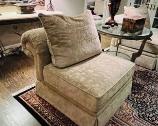 Matched set of 2 upholstered armchairs by Century with back pillows (33" round); metal and round metal and glass-topped side table with lower tier 
