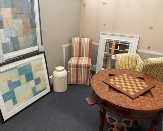 Framed lithographs, vanity/side chair, game table, settee, and large metal urn