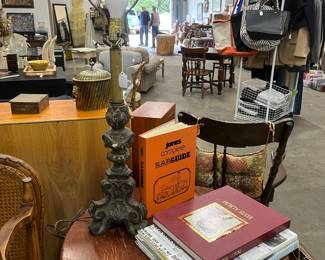 Antique lamp small round table and as you can see large warehouse full of great items to shop