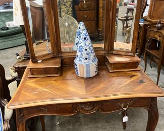 Petite vintage wooden dressing table with mirror and two swivel side mirrors 