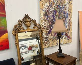 Art and gold mirror, small table 