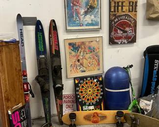 Ski water and snow dart board, Newman sports art, skateboards and Razor scooter