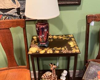 Wooden chairs (2), decorated table and lamp with lovely art work