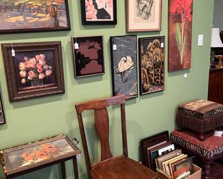 Art work and frames, stools and two wooden chairs