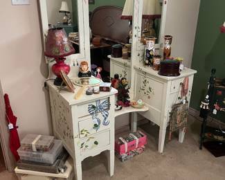 Painted dresser with large folding mirror, sewing items in cases and lots of decor