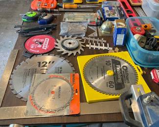 Assortment of new and used saw blades. 