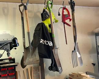 Shovels, rakes, post-hole diggers, pitchforks, sharpshooters, gravel shovels, hedge trimmers, chainsaws.