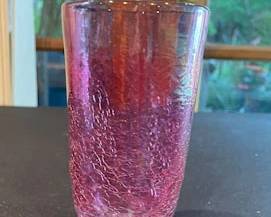 Cranberry crackle glasses with prunts (raspberry shaped decorations at base)
