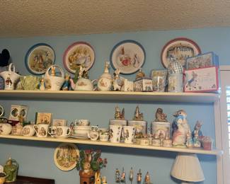 Hundreds of Beatrix Potter Peter Rabbit series dishes, picture frames, figurines, nick nacks, plush animals, books, plates and more!