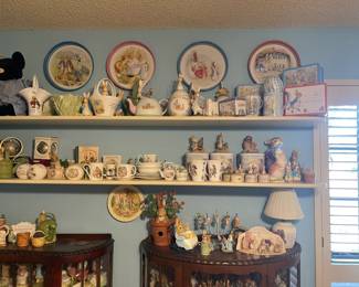 Hundreds of Beatrix Potter Peter Rabbit series dishes, picture frames, figurines, nick nacks, plush animals, books, plates and more!