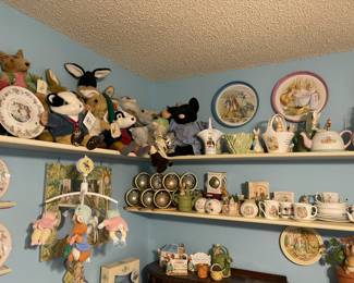Hundreds of Beatrix Potter Peter Rabbit series dishes, picture frames, figurines, nick nacks, plush animals, books, plates and more!