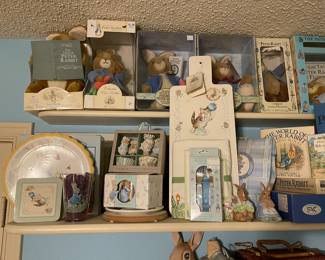 Hundreds of Beatrix Potter Peter Rabbit series dishes, picture frames, figurines, nick nacks, plush animals, books, plates and more!