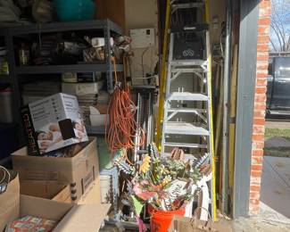 Ladders, extension cords, misc tools, metal shelves.