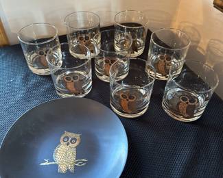 MCM Couroc owl glasses and bowl