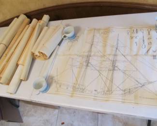 Large vintage collection of rolled paper blueprints of historic ships. (Possibly for model building)