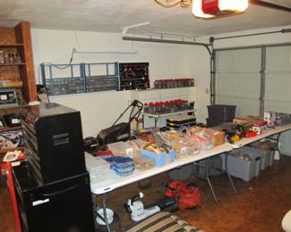 GARAGE - Incredible hand tools, power tools, yard tools, toolboxes, bulbs, golf clubs, garden items, jars of nails and screws, and more! Shop Vac, Routers, Car Charger, Drill Press, Recip Saw, Sower Saw, Dremel, Blower, Lawn Mower, and more!