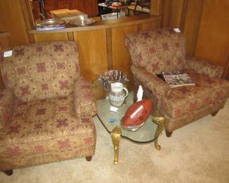 HAVERTY'S elegantly upholstered pair of club chairs (Glass table is not for sale)