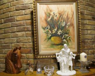 Mid-century framed floral original painting, Hand-carved solid wood horse head sculpture from Spain, mid-century sculpture set in onyx by BIJAN, WATERFORD Crystal.