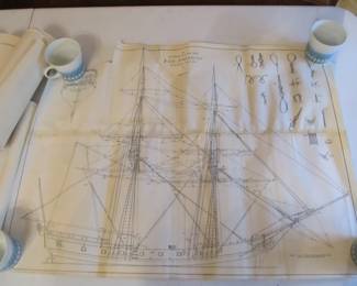 Large vintage collection of rolled paper blueprints of historic ships. (Possibly for model building)