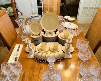 1970s LENOX "Reverie" fine china - 63 pc in Ivory and Gold, WATERFORD Fine Crystal "Lismore" Sterling silver bridal knife