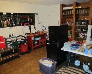 GARAGE - Incredible hand tools, power tools, yard tools, toolboxes, bulbs, golf clubs, garden items, jars of nails and screws, and more! Shop Vac, Routers, Car Charger, Drill Press, Recip Saw, Sower Saw, Dremel, Blower, Lawn Mower, and more!