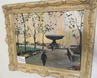 Mid-century original framed art by STANLEY KORTAS, "Bryant Park"