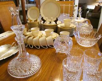 1970s LENOX "Reverie" fine china - 63 pc in Ivory and Gold, WATERFORD Fine Crystal "Lismore" Sterling silver bridal knife